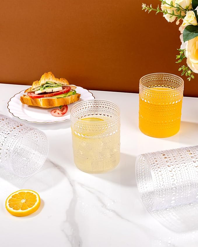 YOUBET 24PCS Plastic Hobnail Drinking Glasses - 14 Oz Clear Vintage Glasses Drinkware - Disposable