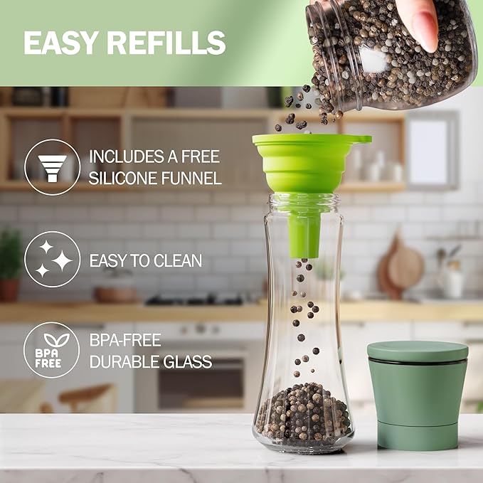 Home EC Premium Green Sea Salt and Pepper Grinder Set of 2 - Adjustable Ceramic - Tall Glass Salt