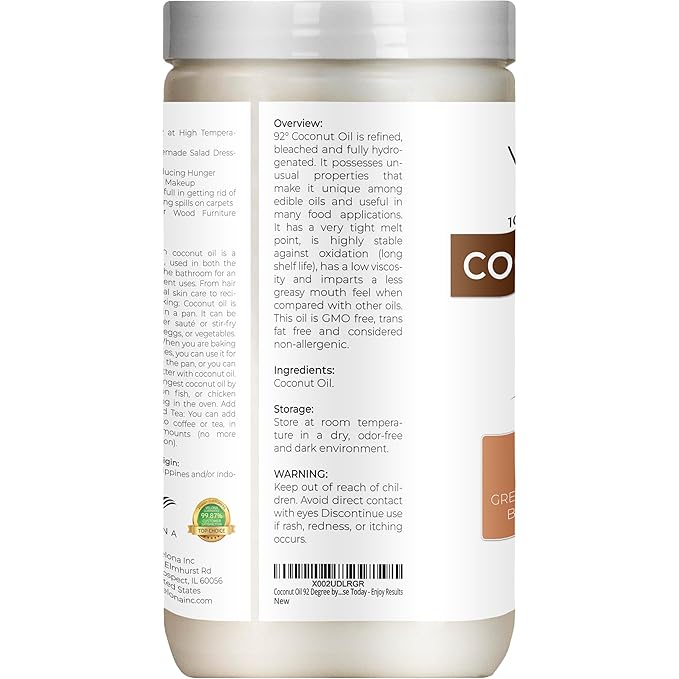 Coconut Oil 92 Degree by Velona - 32 fl oz | 100% Pure and Natural Carrier Oil | in jar | Refined