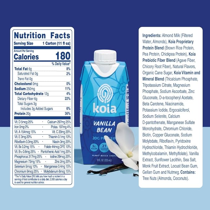 Koia Plant Based Protein Shake, Vanilla Bean, 20g Protein, 3g Sugar, 6g Prebiotic Fiber, 21