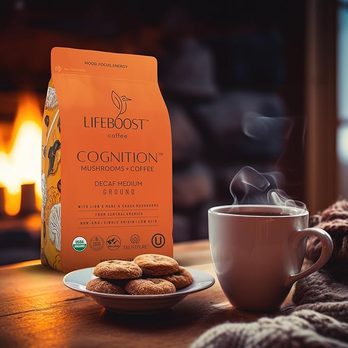Lifeboost Cognition Decaf Mushroom Coffee - Low Acid Decaf Medium Organic Coffee with Lions Mane &