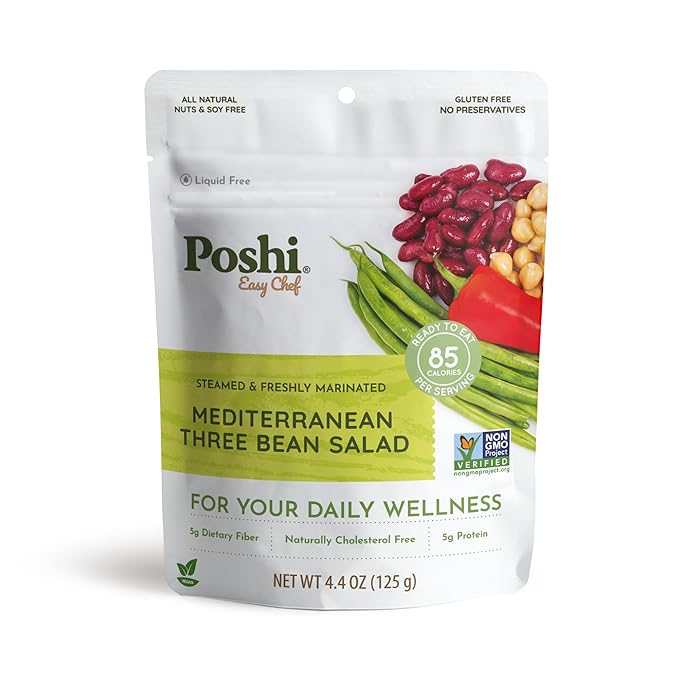 POSHI Mediterranean Three Bean Salad Natural, Keto, Vegan, Non GMO, Low Carb + Calorie, Gluten