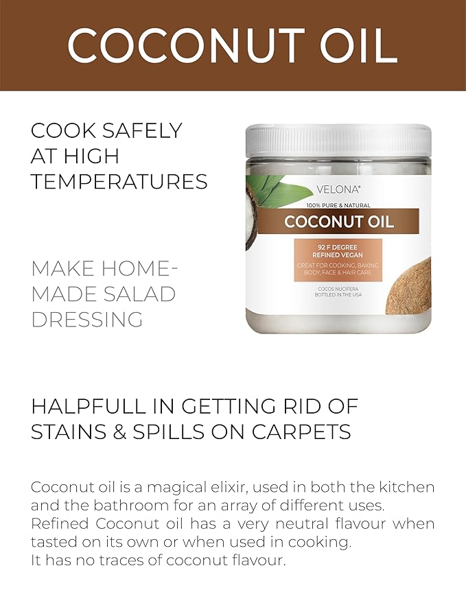velona Coconut Oil 92 Degree 16 fl oz | 100% Pure and Natural Carrier Oil | in jar | Refined, Cold