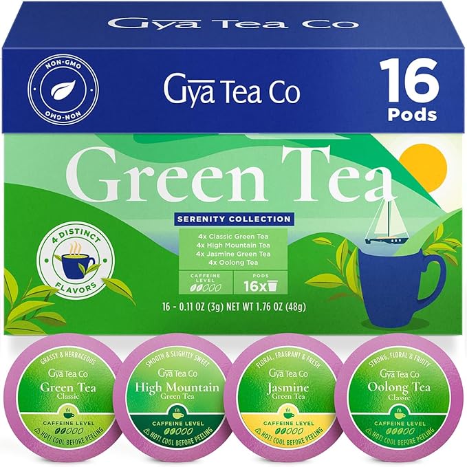 Gya Tea Co Green Tea Gift Set (16 ct) - Assorted Tea Pod Variety Pack with High Mountain, Jasmine
