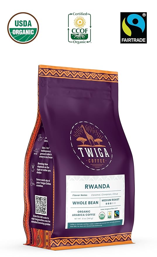 Twiga Coffee Rwandan Whole Bean ??Organic Medium Roast Arabica with Caramel, Cinnamon & Citrus