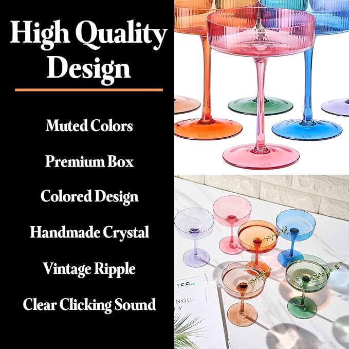 Khen Ribbed Vintage Art Deco Coupe Glasses - Martini, Champagne & Cocktail Ribbed Glasses 8oz |