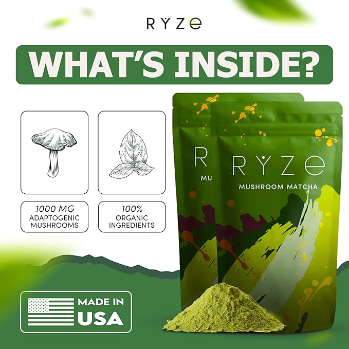 RYZE SUPERFOODS Mushroom Matcha Starter Kit, USDA Organic with 6 Adaptogenic Mushrooms and