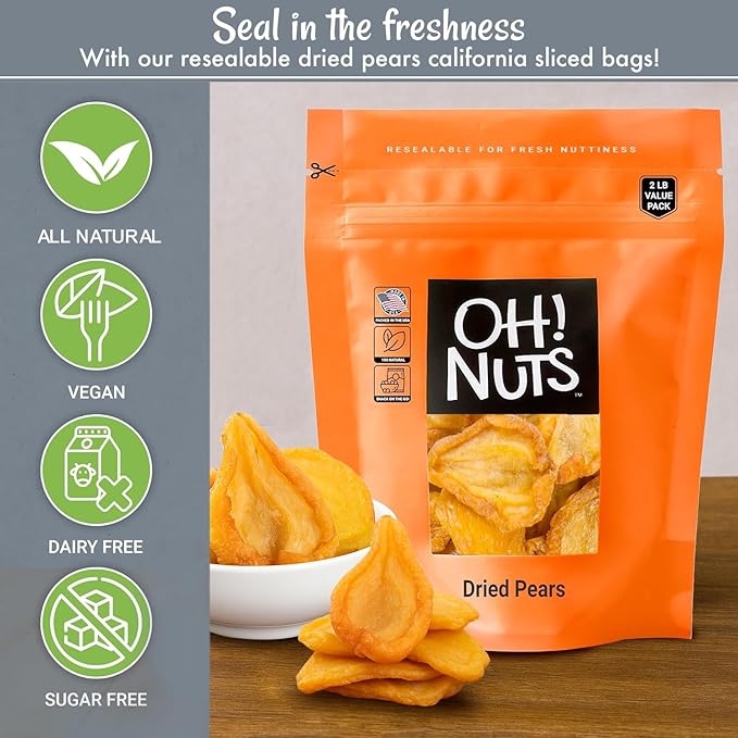 Oh! Nuts Dried Pears California - Sliced Pears - 2 lb - Dehydrated California Pears - Dried Pears