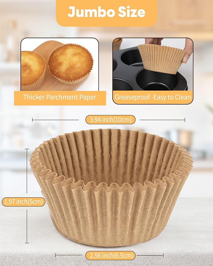 100pcs Jumbo Cupcake Liners for Baking, Natural Jumbo Muffin Liners, Unbleached, Greaseproof