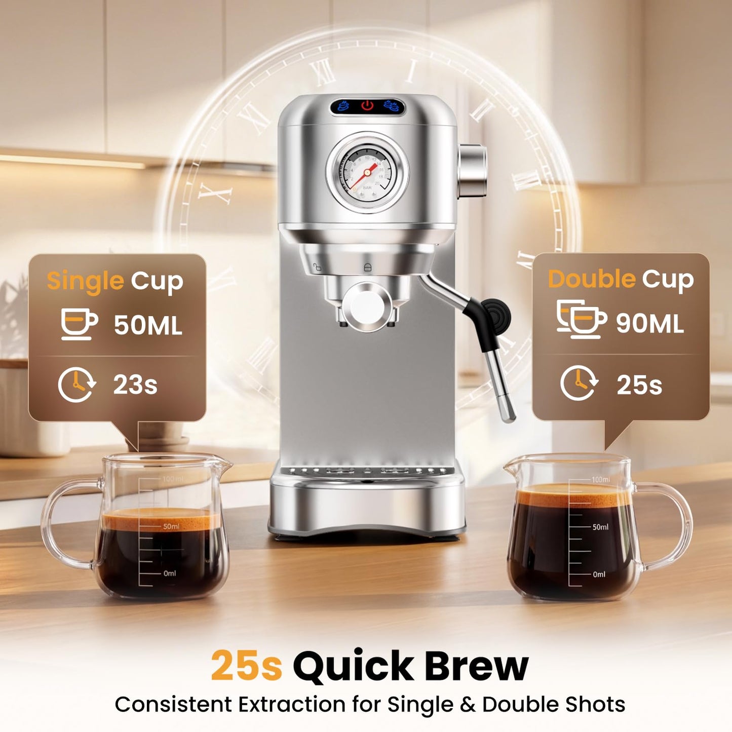AERCANA Espresso Machine 20 Bar, Compact Espresso Coffee Machine with Milk Frother, Stainless Steel