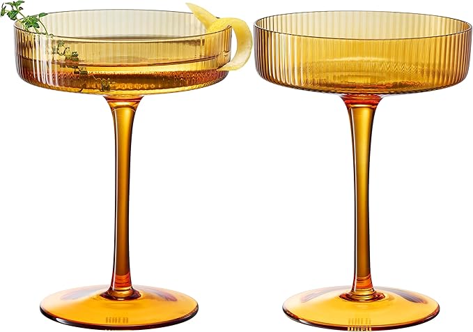 Khen Ribbed Vintage Art Deco Coupe Glasses - Martini, Champagne & Cocktail Ribbed Glasses 8oz |
