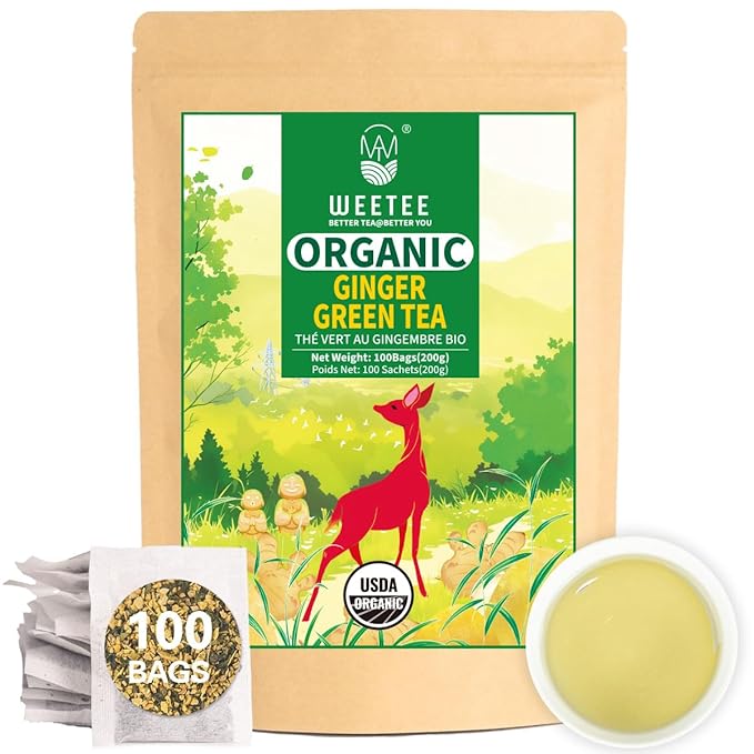WT WEETEE Organic Ginger Green Tea Bags, Made of Green Tea with Ginger Roots, 100 Warm & Refreshing