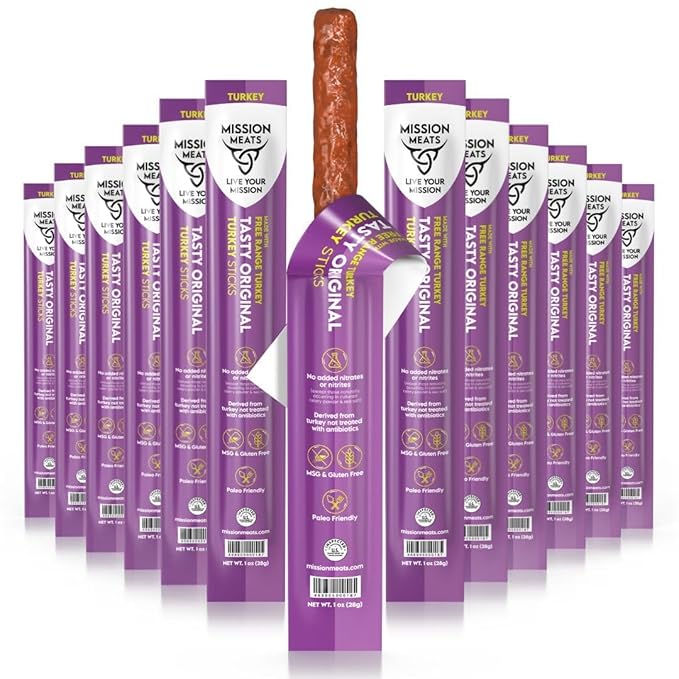 Mission Meats Turkey Sticks – 100% Free Range, Zero Sugar, Healthy Snacks, 9g Protein, Individually