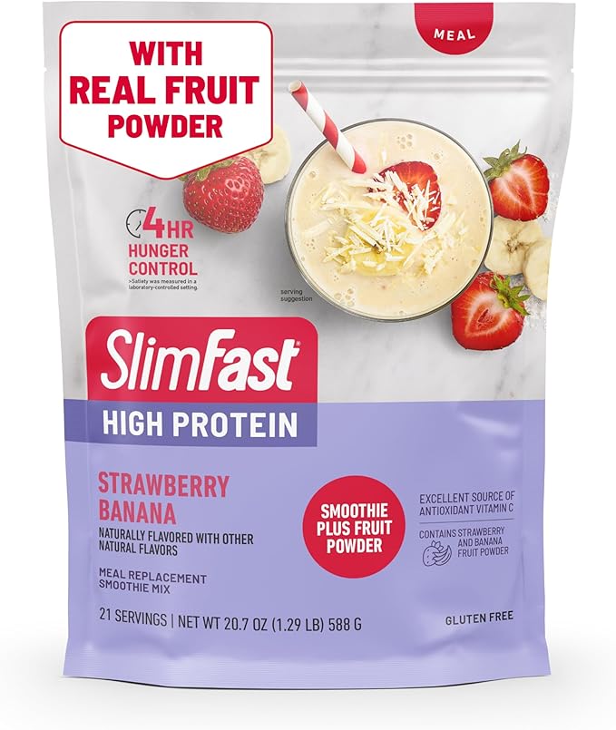 SlimFast High Protein Smoothie Mix Plus Fruit Powder, High Protein Meal Replacement Powder, Fiber