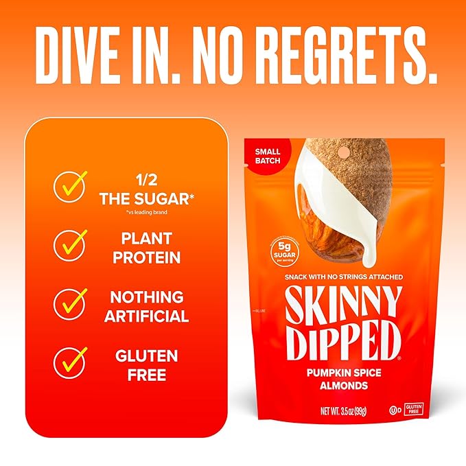 SkinnyDipped Pumpkin Spice Almonds, Healthy Snack, Plant Protein, Gluten Free, 3.5 oz Resealable