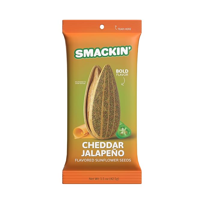 SMACKIN' Sunflower Seeds, Roasted Jumbo Small-Batch, American Made - Cheddar Jalapeño. 1.5oz bags