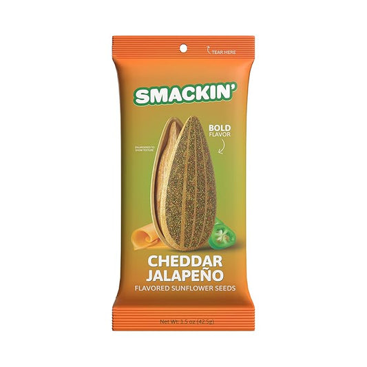 SMACKIN' Sunflower Seeds, Roasted Jumbo Small-Batch, American Made - Cheddar Jalapeño. 1.5oz bags