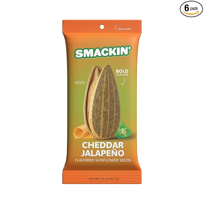SMACKIN' Sunflower Seeds, Roasted Jumbo Small-Batch, American Made - Cheddar Jalapeño. 1.5oz bags