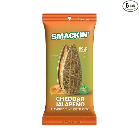 SMACKIN' Sunflower Seeds, Roasted Jumbo Small-Batch, American Made - Cheddar Jalapeño. 1.5oz bags