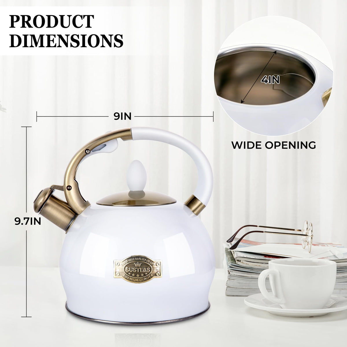 SUSTEAS Whistling Tea Kettle, 2.7QT Food-Grade Steel Teapot, WHITE