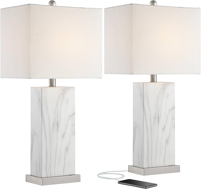 360 Lighting Connie Mid Century Modern Table Lamps 25" High Set of 2 with USB Charging Port White