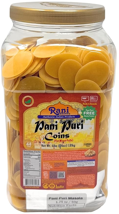 Rani Pani Puri Coins (Uncooked, Microwaveable Wheat Semolina Coins) 64oz (4lbs) w/Pani Puri Masala