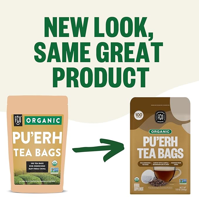 FGO Organic Pu'erh Tea, 100 Count, Eco-Conscious Tea Bags, Resealable Bag, Packaging May Vary (Pack