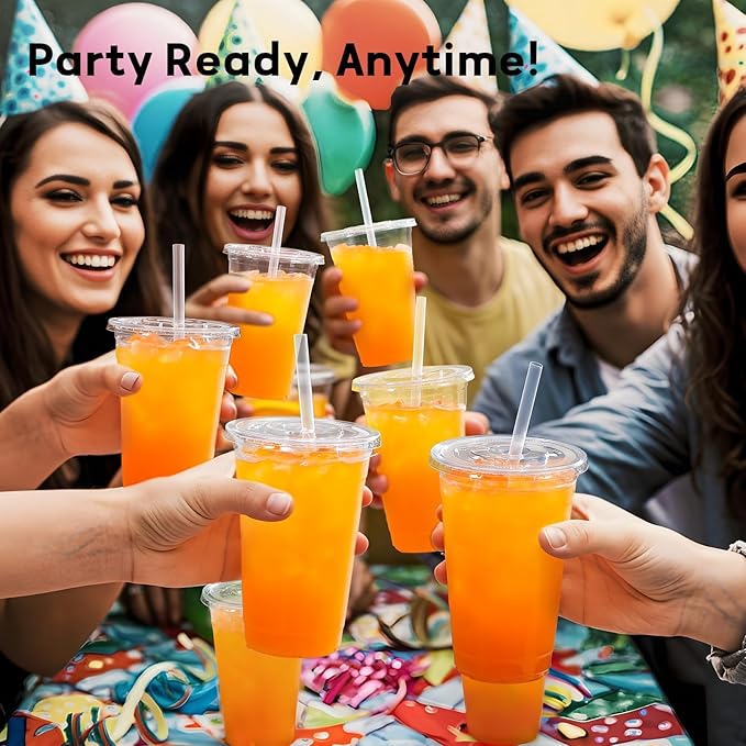 AOZITA 100 Pack 20 oz Disposable Plastic Cups with Lids and Straws, Clear Iced Coffee Cups for Cold