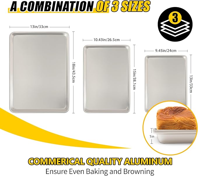 Baking Sheet Pan Set of 3, Commercial Quality Aluminum Cookie Sheets for Oven, Umite Chef Warp