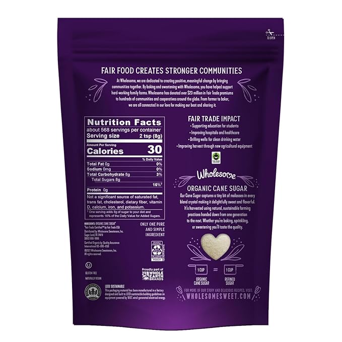 Wholesome Sweeteners 10-Pound Organic Cane Sugar, Fair Trade, Non GMO, Gluten Free, Pure & Vegan