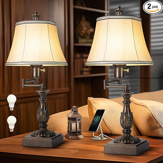 23.5" High Rustic Traditional 350° Adjustable Swing Arm Table Lamp Set of 2 with USB A+C Ports