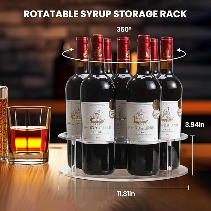 IEEK Large Rotating Coffee Syrup Organizer 7 Bottles Clear Acrylic Coffee Syrup Rack for Countertop