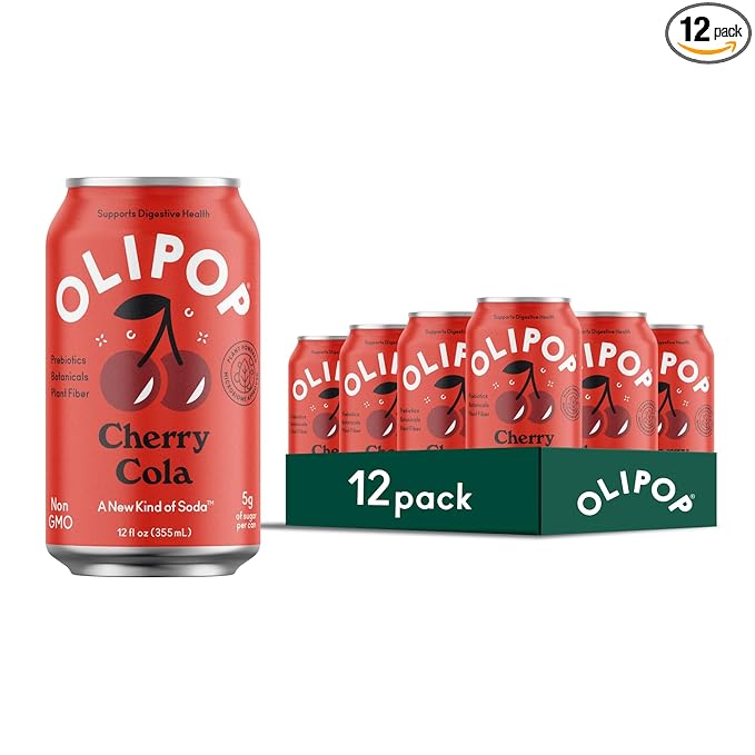 OLIPOP Prebiotic Soda Pop, Cherry Cola, Pantry Pack Packed with Prebiotics, Fiber, and Botanicals