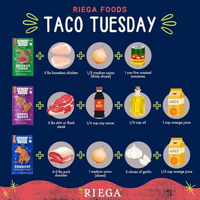 Riega Organic Carnitas Street Taco Seasoning, Perfect Mix for Authentic Slow Cooker Shredded Pork