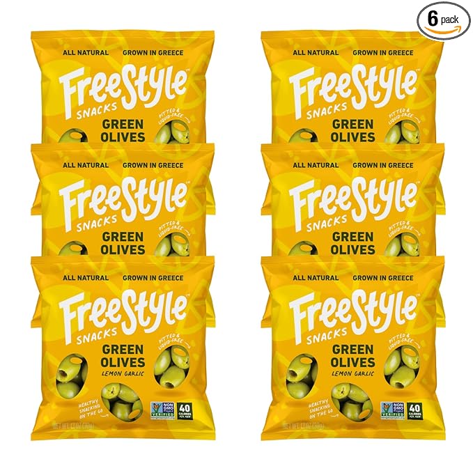 Freestyle Snacks Olive Snack Packs - Single Serve - Fresh Pitted Green Olives, Jumbo-Sized, Grown