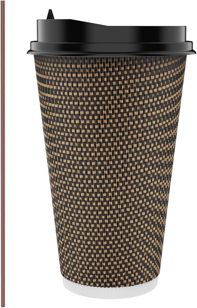 LITOPAK 80 Pack 16 oz Paper Coffee Cups, Insulated Ripple Wall Paper Cups with Lid and Straws