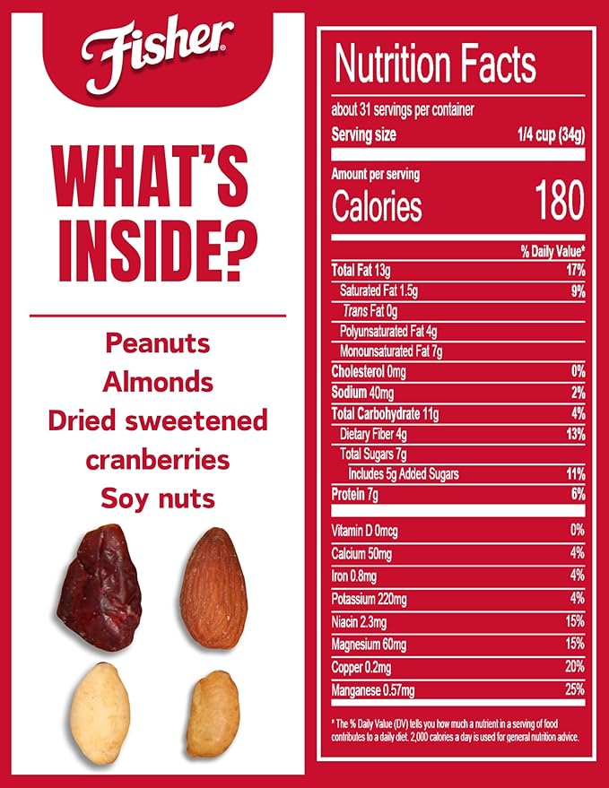 Fisher Snack Hunger Fighter Bulk Trail Mix, 38 oz (Pack of 1), Peanuts, Almonds, Dried Sweetened