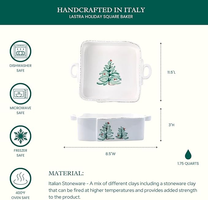Vietri Lastra Holiday White and Green Square Baker 11.5"L, Stoneware Oven Baking Dish & Serving