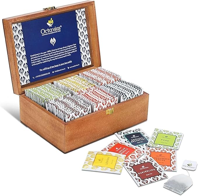 Octavius Gift's Select - Assorted Tea in Lotus Printed Wooden Box | 6 Flavors, 90 Tea Bags | Black