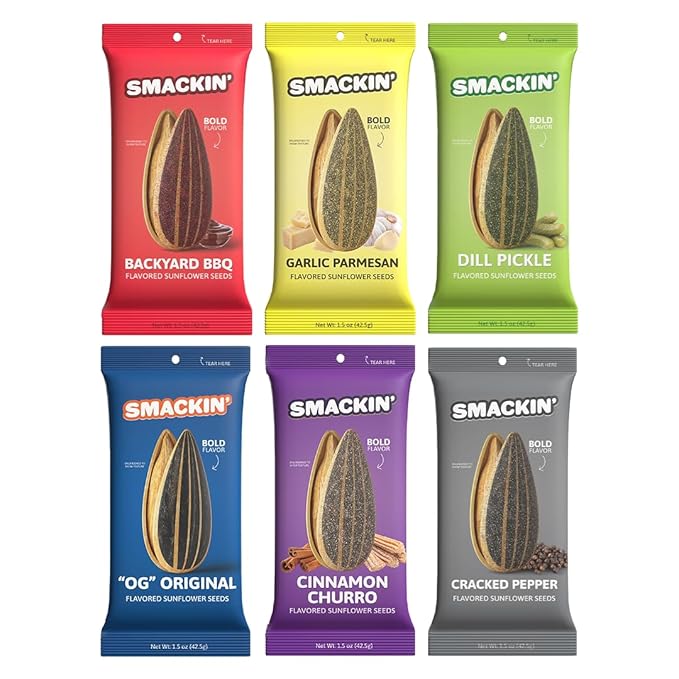 SMACKIN' Sunflower Seeds, Roasted Jumbo Small-Batch, American Made - 6 Flavor Variety. 1.5oz bags