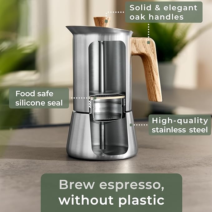 WALDWERK Stainless Steel Moka Pot (10oz) - Toxic Free Moka Pot with Oak Wood Handle - Stovetop