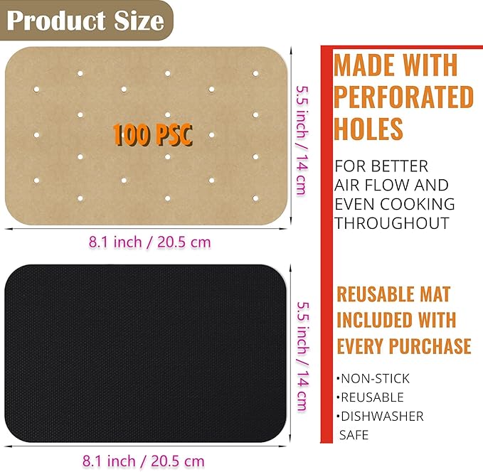 WMKGG Rectangular Air Fryer Parchment Paper, 100 PCS Disposable Perforated Air Fryer Liners with 2