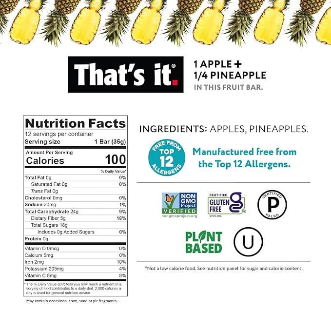 That's it. Apple + Pineapple 100% Natural Real Fruit Bar, Best High Fiber Vegan, Gluten Free