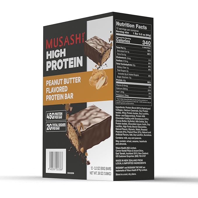 MUSASHI High Protein Bar, 45g Protein, 2g Total Sugars, Peanut Butter & Milk Chocolate Coated, Post