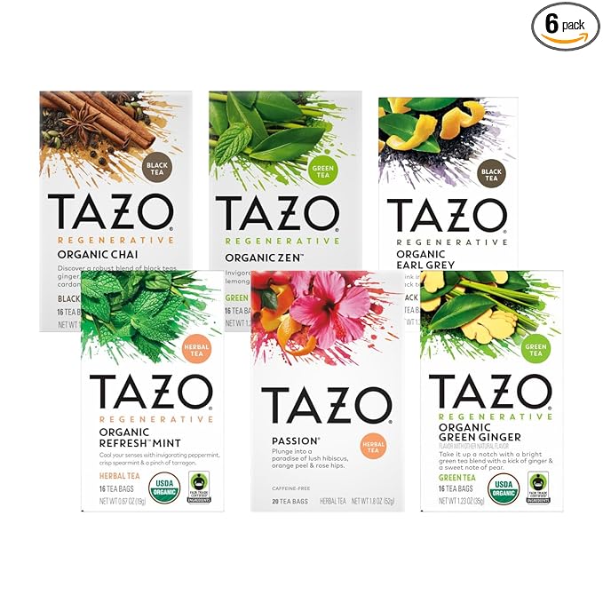 TAZO Tea Bags, Regenerative Organic: Refresh Mint Herbal, Zen Green, Green Ginger, Chai Black