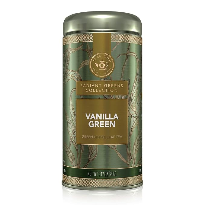 Teabloom Kosher Certified Vanilla Green Tea, Loose Leaf Tea Blend in Reusable Gift Canister, 3.17