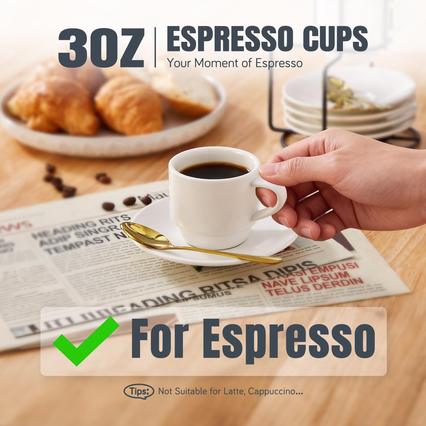 Lareina 3-Ounce Espresso Cups with Saucers, Spoons and Metal Stand, Small Stackable Coffee Cups Set