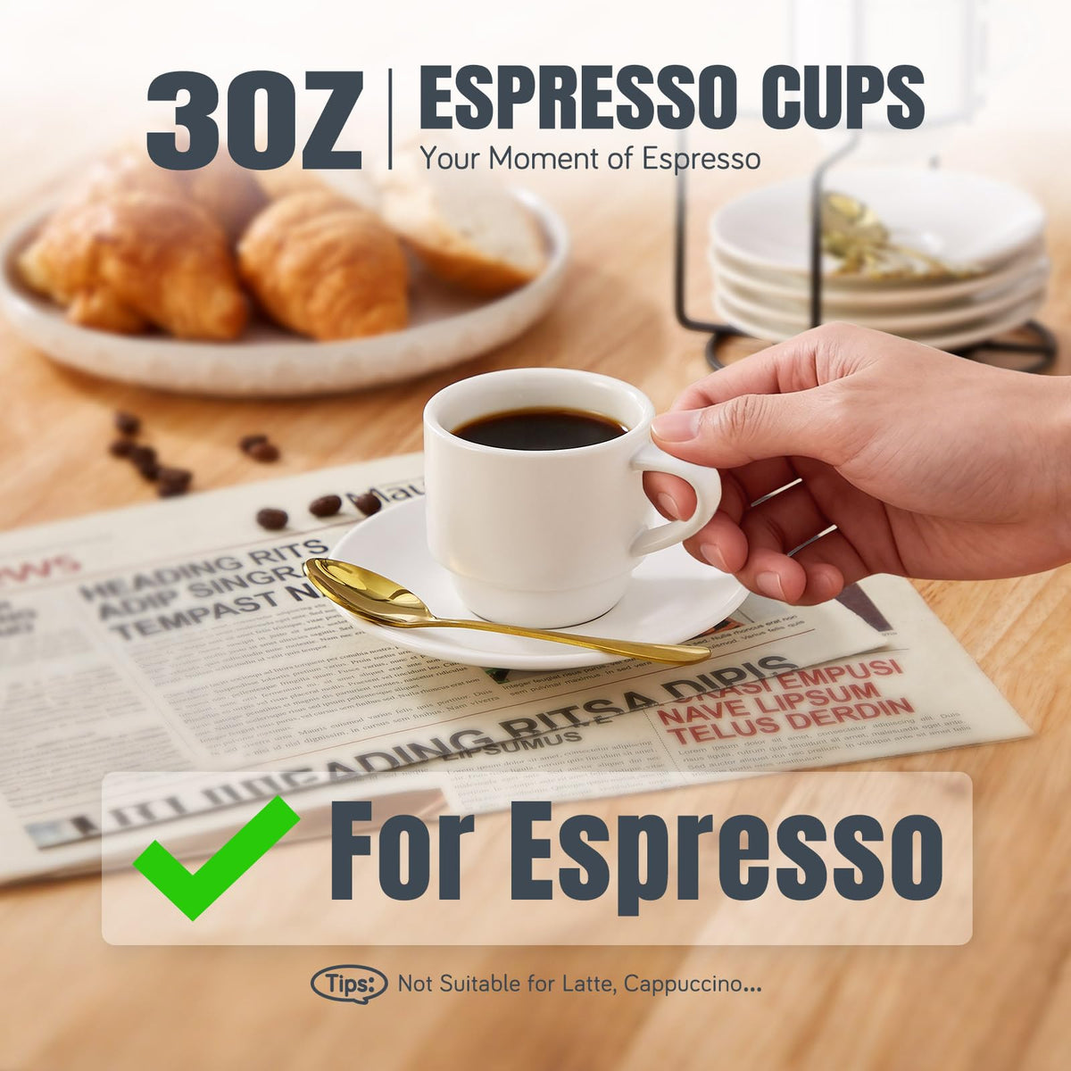 Lareina 3-Ounce Espresso Cups with Saucers, Spoons and Metal Stand, Small Stackable Coffee Cups Set