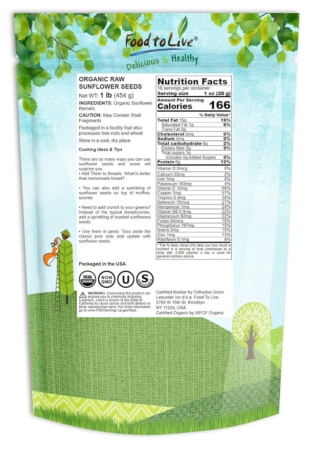 Food to Live - Organic Sunflower Seeds, 1 Pound - Hulled, Raw, Non-GMO, Dried Kernels, Unsalted