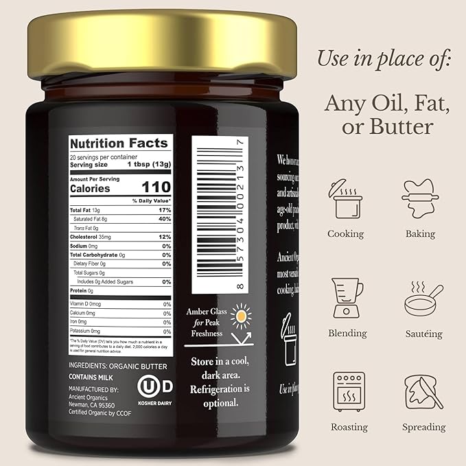 Ancient Organics Ghee - Organic Grass Fed Ghee Butter, Gluten Free, Clarified Butter, Vitamins &